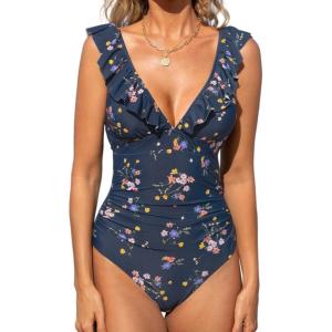 CUPSHE Women’s Ruffled One Piece Swimsuit V Neck Lace Up(Denim Blue Floral)