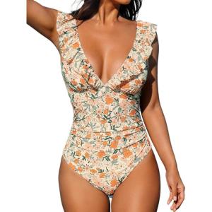 CUPSHE Women’s Ruffled One Piece Swimsuit V Neck Lace Up(Orange Ditsy Print)