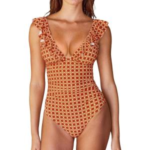 CUPSHE Women’s Ruffled One Piece Swimsuit V Neck Lace Up(Orange/Retro Floral)