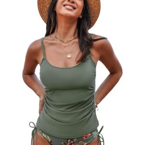 CUPSHE Women’s Tankini Top Scoop Neck Swimsuit Tummy Control Swimwear Top Only Ruched Bathing Suit Top(Eucalyptus Green)