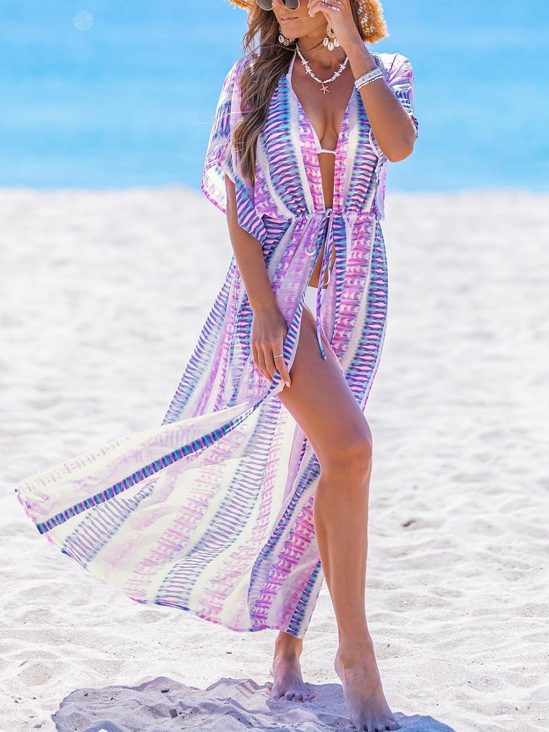 imageCUPSHE Kimono Swimsuit Coverup for Women Open Front Striped Maxi Cardigan Beach Cover UpPurple Patternd