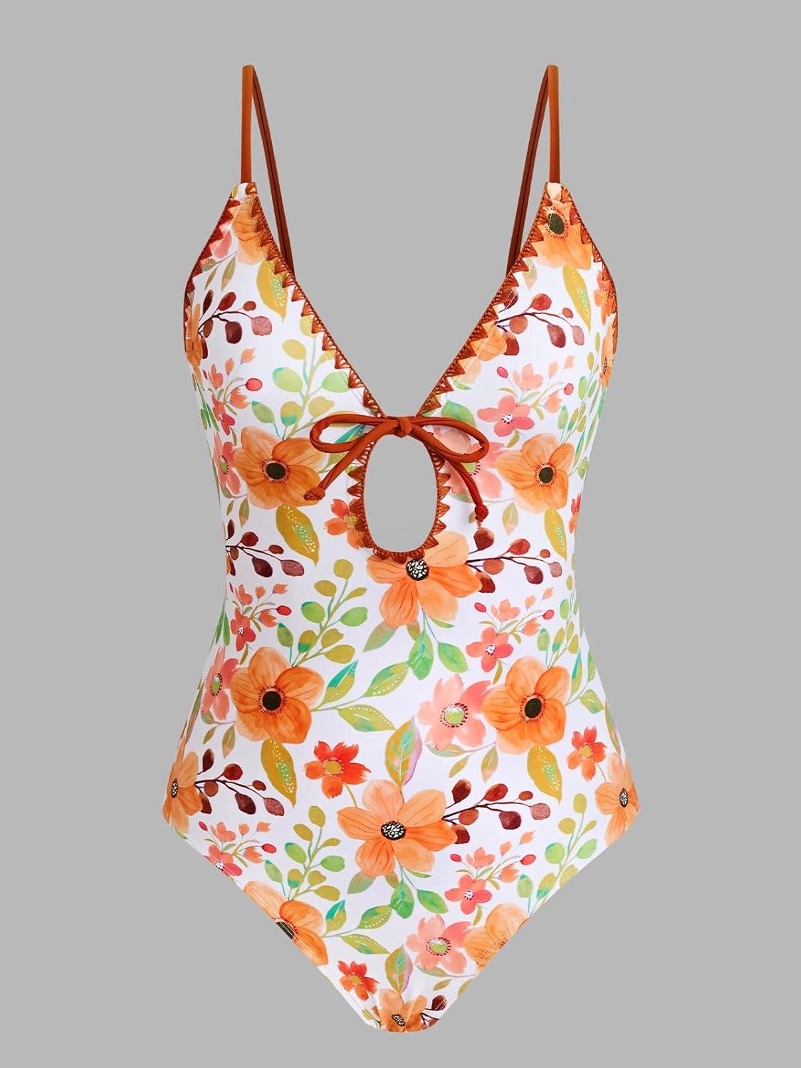 imageCUPSHE One Piece Swimsuit Women Keyhole V Neck Color Block Bathing Suit Cutout Back Crisscross Self Tie SwimwearWhiteOrange Floral