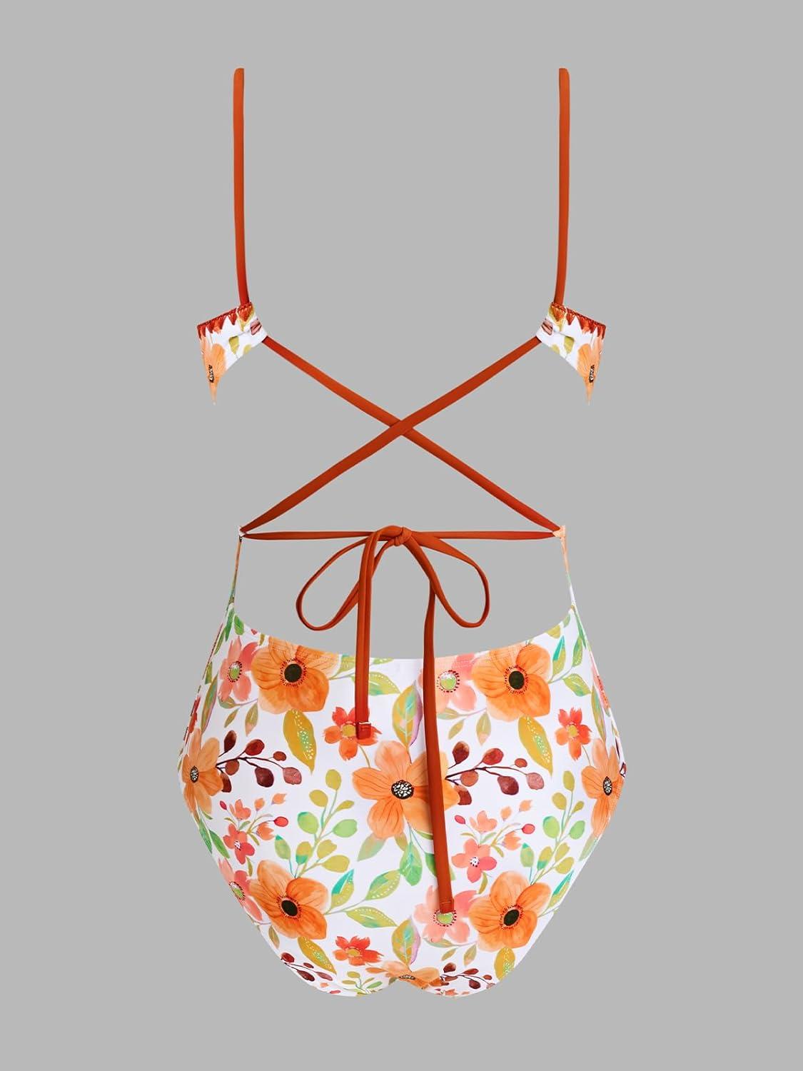 imageCUPSHE One Piece Swimsuit Women Keyhole V Neck Color Block Bathing Suit Cutout Back Crisscross Self Tie SwimwearWhiteOrange Floral