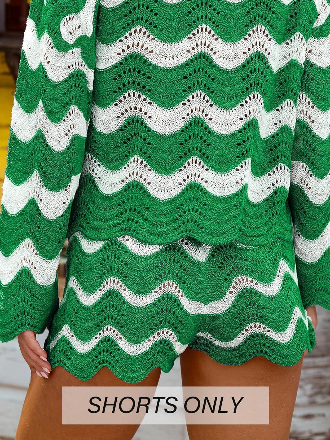 imageCUPSHE Striped Cover Up Shorts for Women Drawstring Waist Knit Swimsuit Coverup Beach Shorts Casual Bikini Cover UpGreen Striped