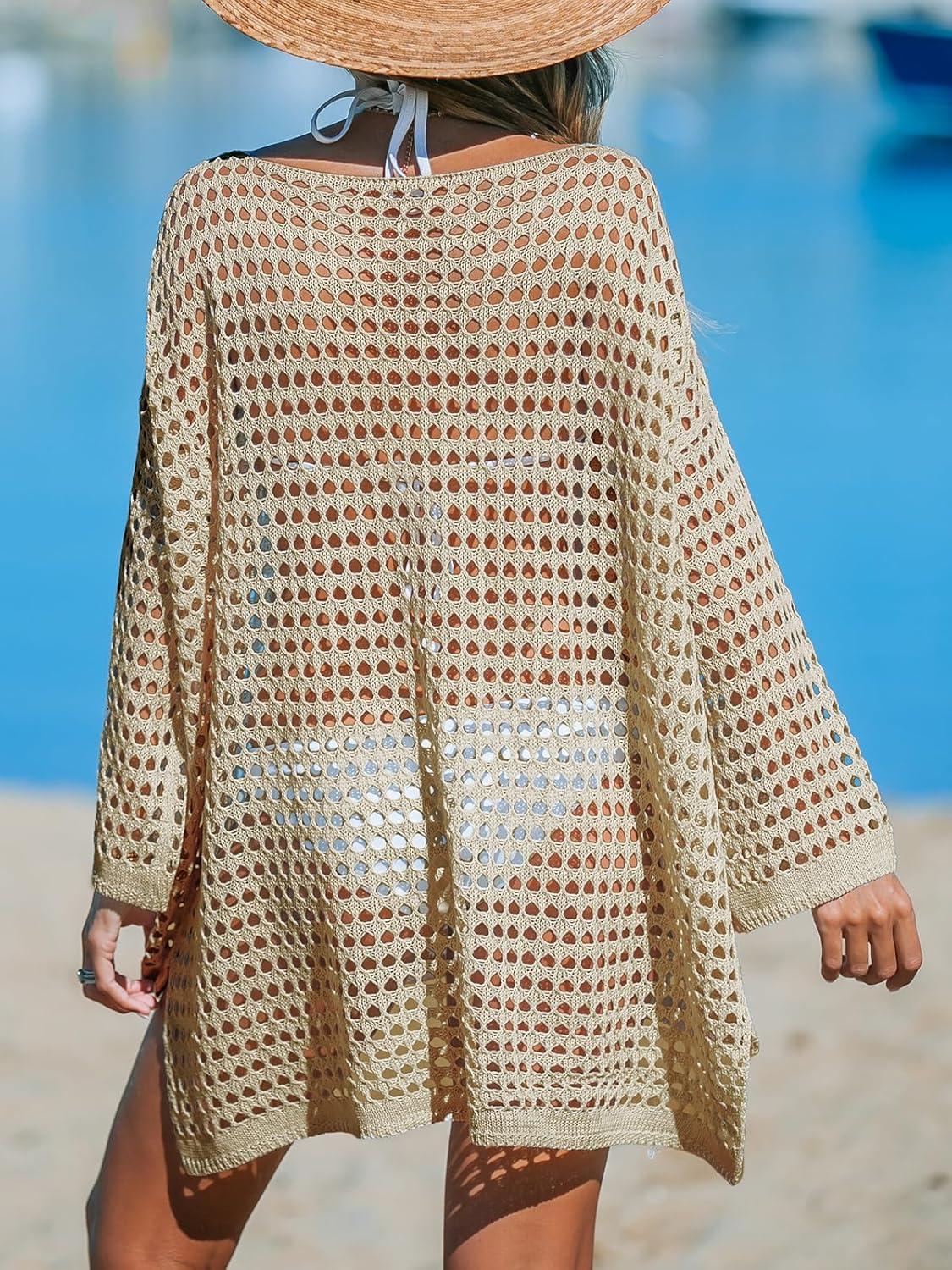 imageCUPSHE Women Crochet Swimsuit Cover Ups One Shoulder Long Sleeve Beach Coverup TopsApricot