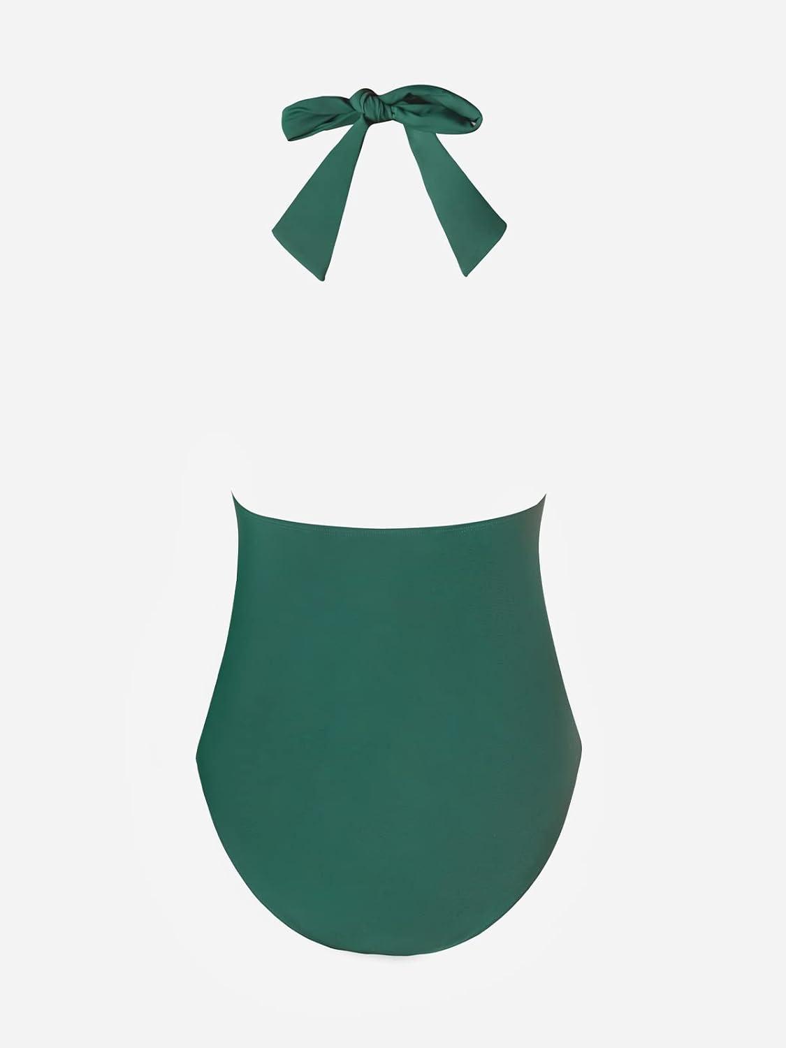 imageCUPSHE Women V Neck One Piece Swimsuit Halter Backless Ruched Tummy Control Bathing SuitForest Green