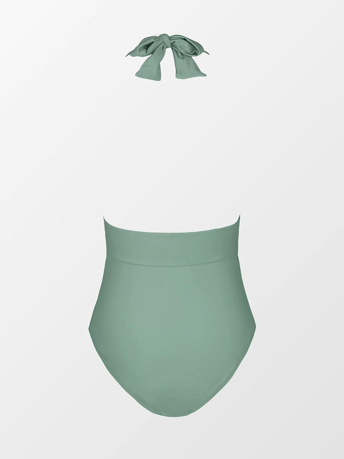 imageCUPSHE Women V Neck One Piece Swimsuit Halter Backless Ruched Tummy Control Bathing SuitGreen