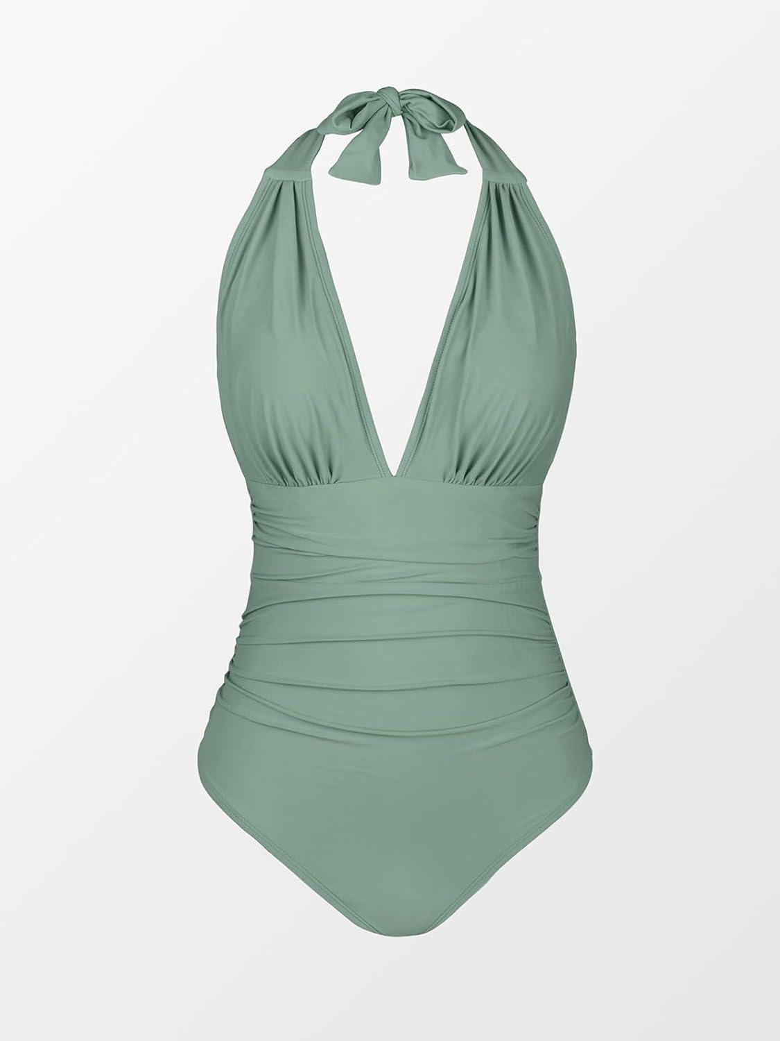 imageCUPSHE Women V Neck One Piece Swimsuit Halter Backless Ruched Tummy Control Bathing SuitGreen