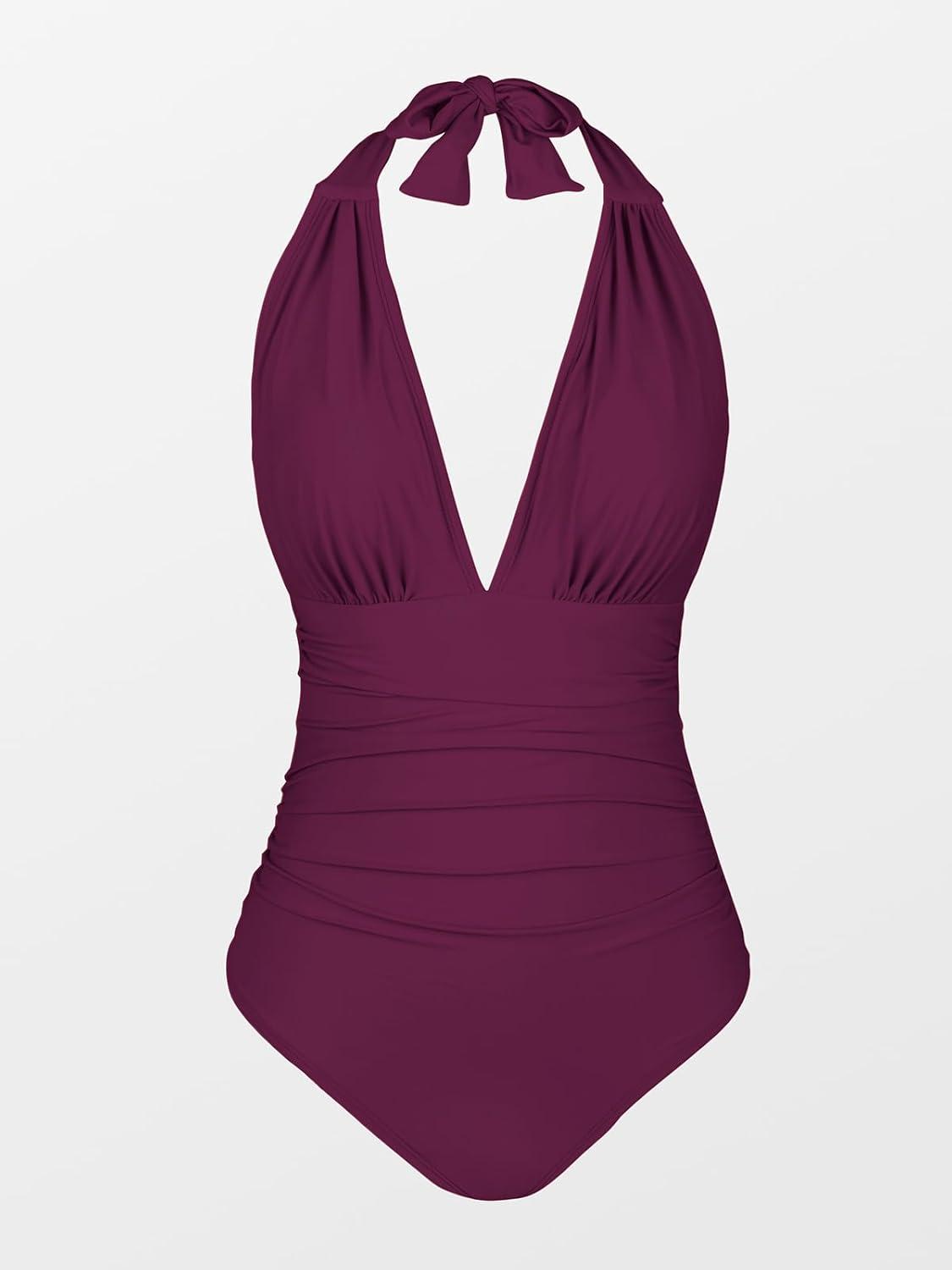 imageCUPSHE Women V Neck One Piece Swimsuit Halter Backless Ruched Tummy Control Bathing SuitPurple