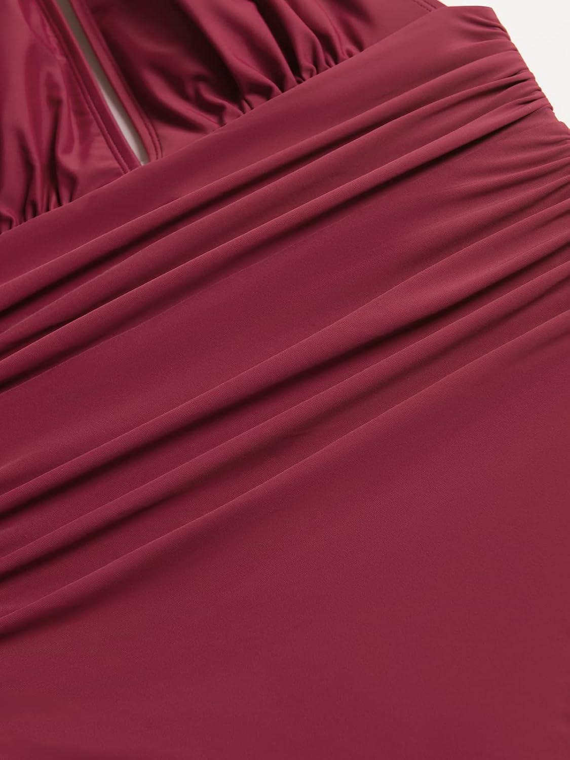 imageCUPSHE Women V Neck One Piece Swimsuit Halter Backless Ruched Tummy Control Bathing SuitWine Red