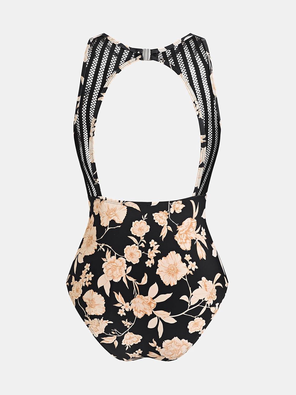 imageCUPSHE Womens One Piece Swimsuit Bathing Suit Tummy Control High Neck Cutout Back Hook Mesh SwimwearBlackBeige Floral