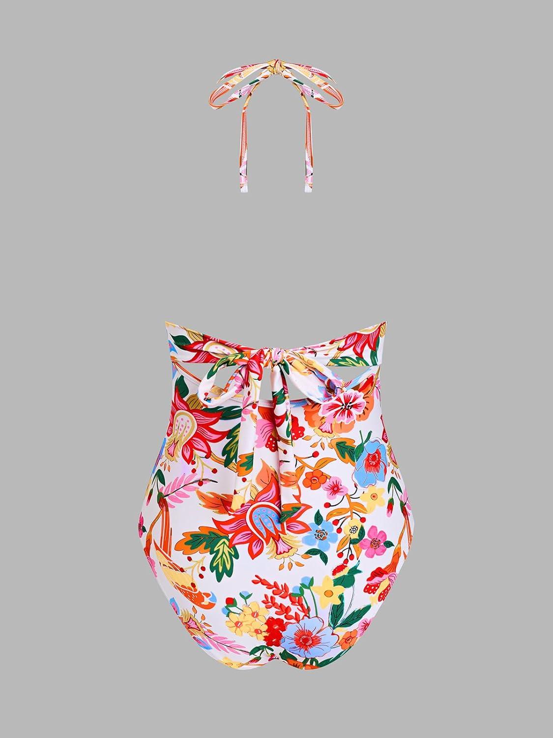 imageCUPSHE Womens One Piece Swimsuit Halter V Neck Crochet Bathing Suit Cutout Back Adjustable Straps Self Tie SpaghettiRedOrange Floral