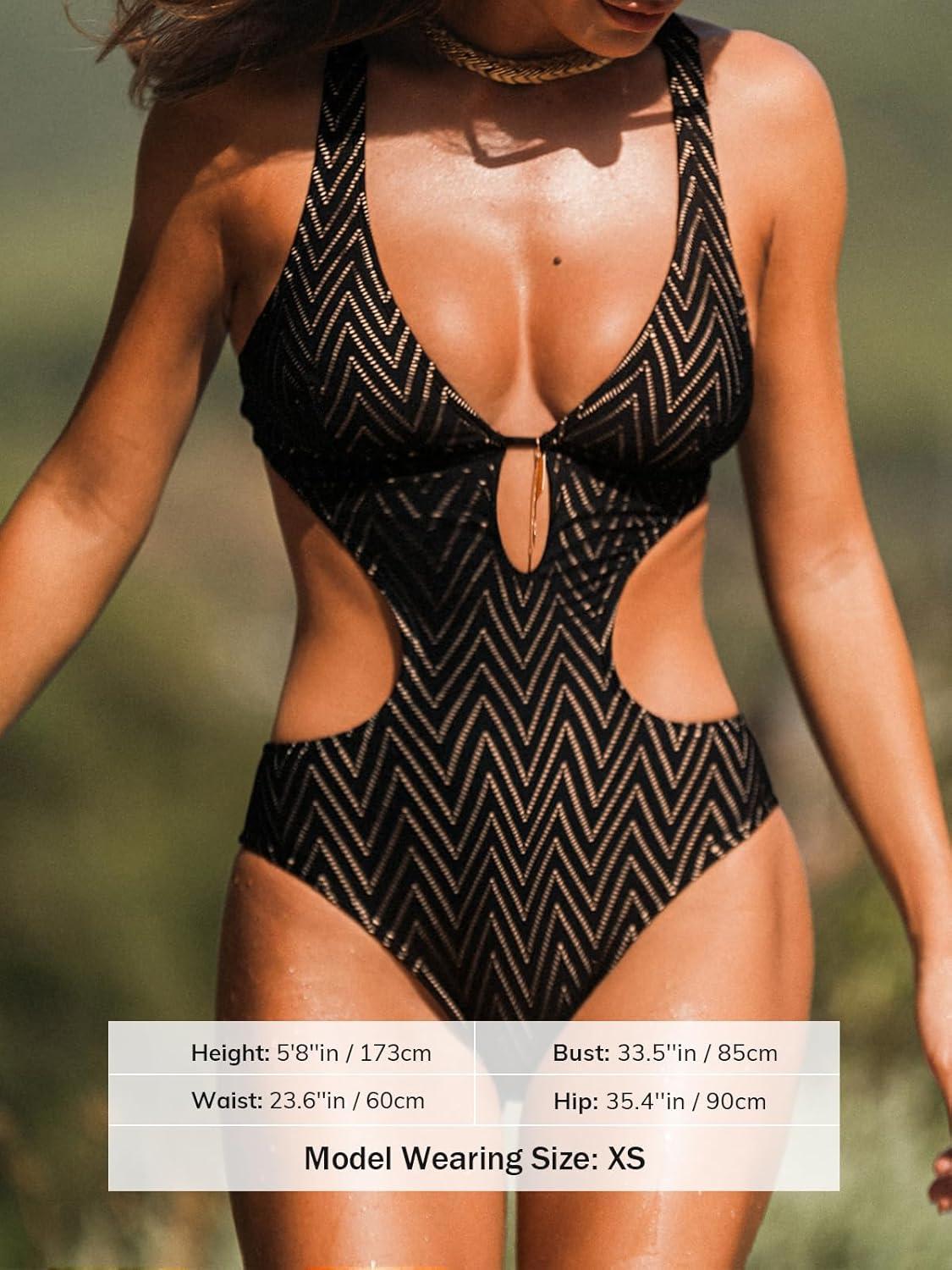 imageCUPSHE Womens One Piece Swimsuit Monokini Plunging Neck Cutout Bathing Suit Halter Ties Adjustable Straps SwimwearBlackStripe