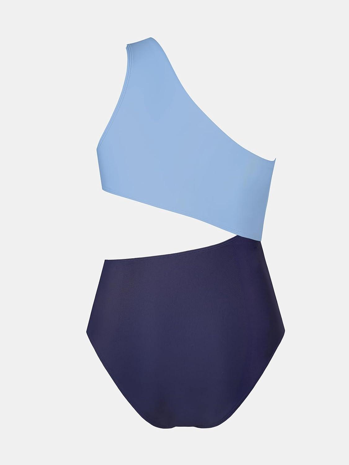 imageCUPSHE Womens One Piece Swimsuit One Shoulder Bathing Suit Cutout Color Block SwimwearBabyNavy Blue