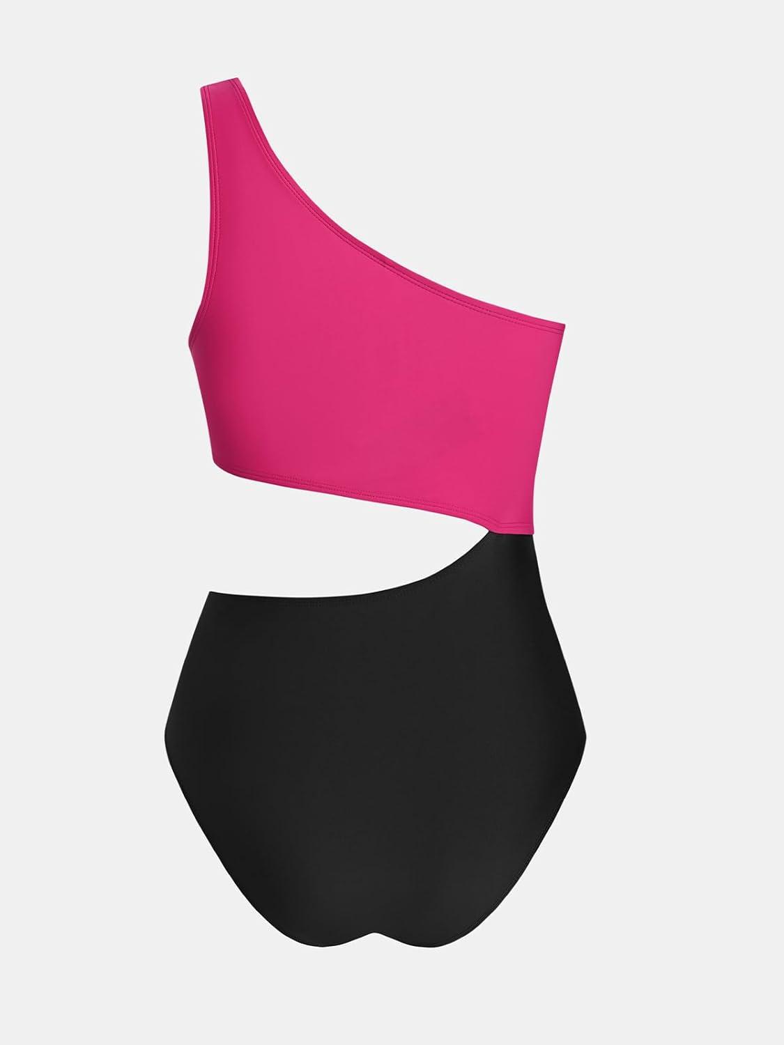 imageCUPSHE Womens One Piece Swimsuit One Shoulder Color Block Side Cutout Ruched Bathing SuitFuchsia RedBlack