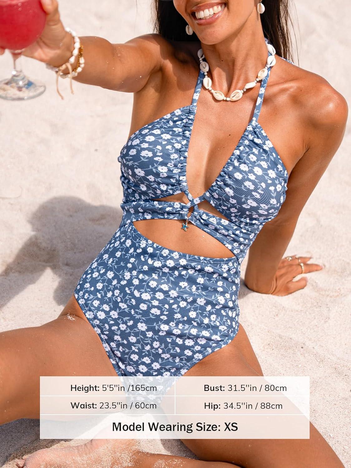 imageCUPSHE Womens One Piece Swimsuit Plunging Neck Bathing Suit Halter Strappy Cutout Swimwear TexturedDusty BlueFloral