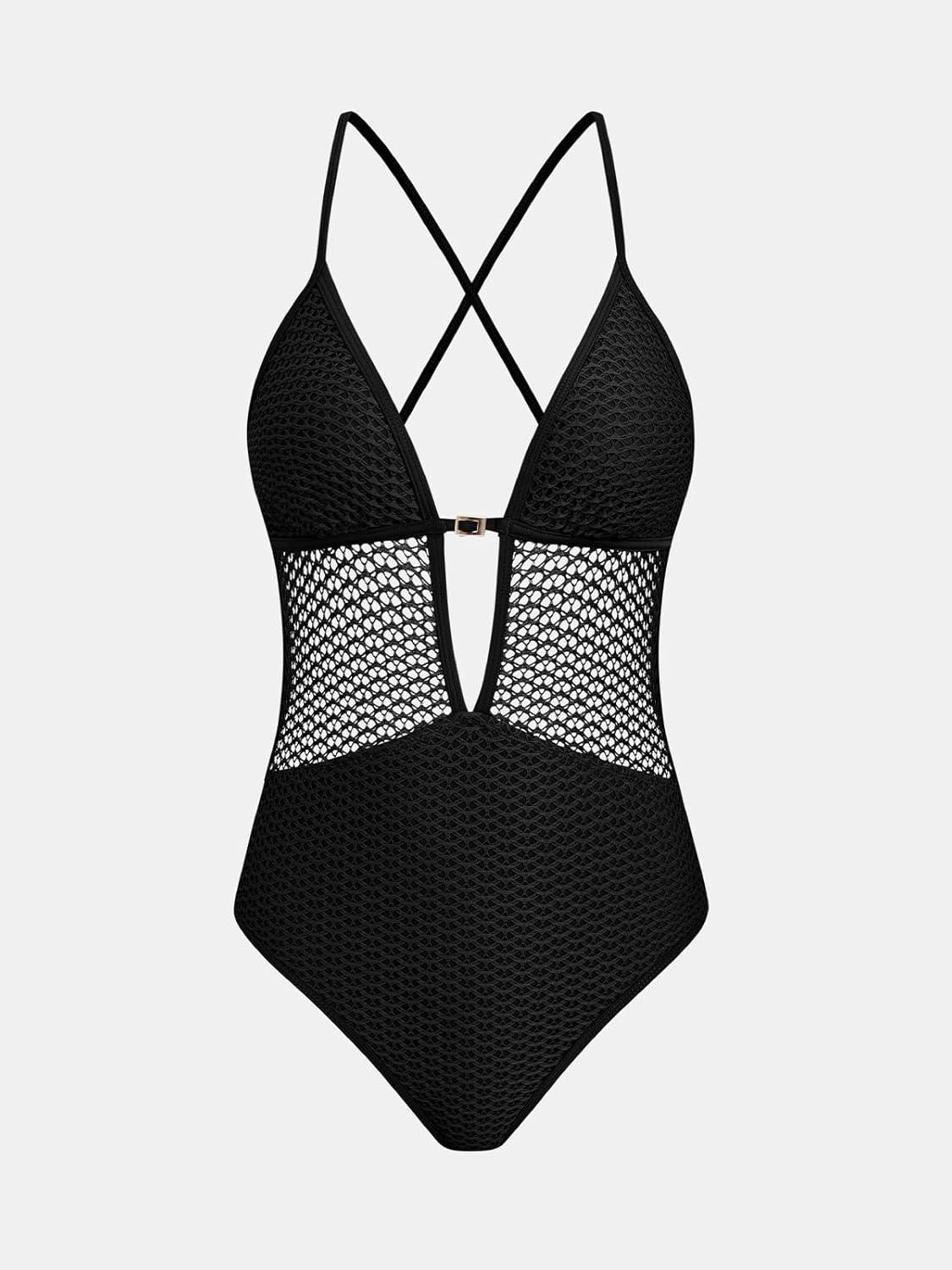 imageCUPSHE Womens One Piece Swimsuit Plunging Neck Cutouts Bathing Suit Textured Crisscross Back Self Tie SwimwearBlack
