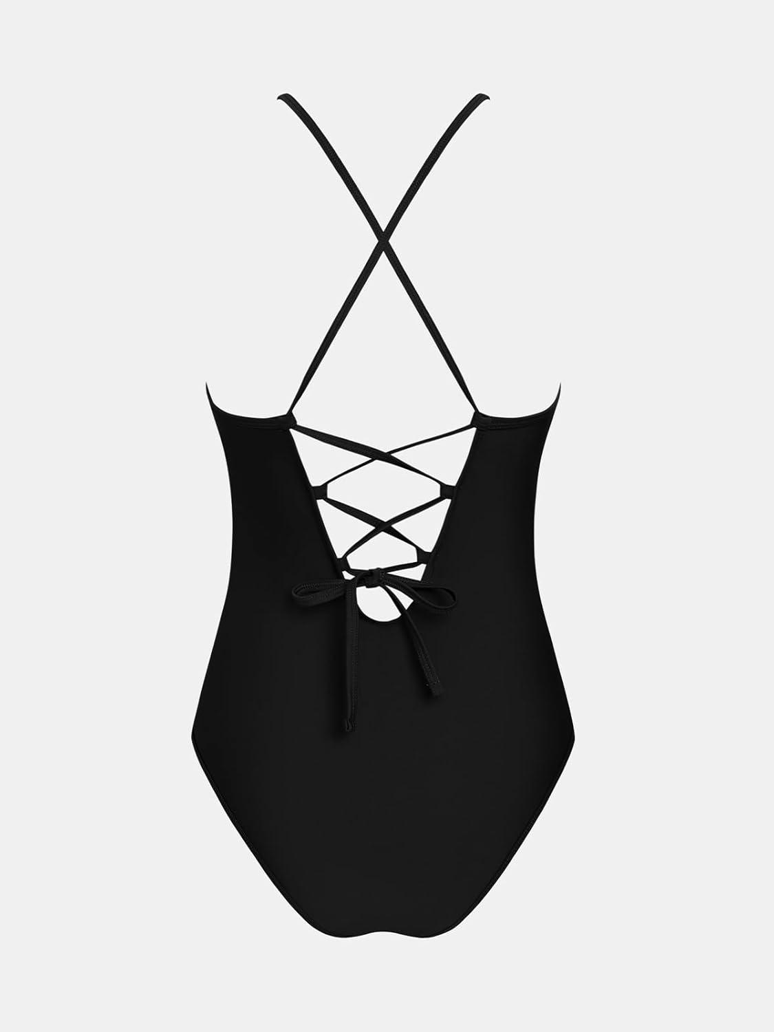 imageCUPSHE Womens One Piece Swimsuit Plunging Neck Cutouts Bathing Suit Textured Crisscross Back Self Tie SwimwearBlack