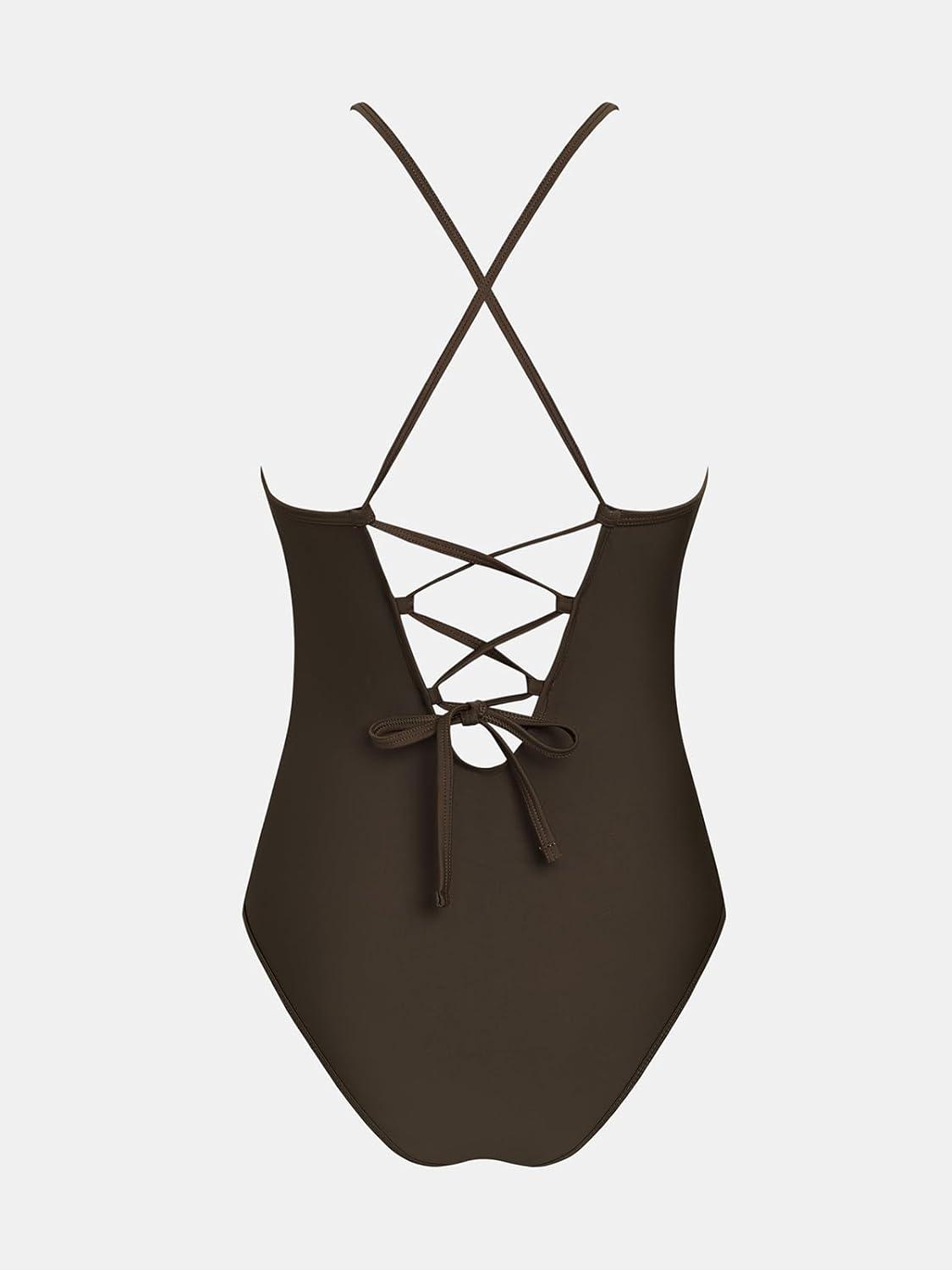 imageCUPSHE Womens One Piece Swimsuit Plunging Neck Cutouts Bathing Suit Textured Crisscross Back Self Tie SwimwearBrown