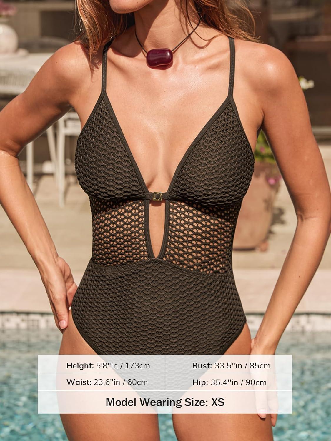 imageCUPSHE Womens One Piece Swimsuit Plunging Neck Cutouts Bathing Suit Textured Crisscross Back Self Tie SwimwearBrown