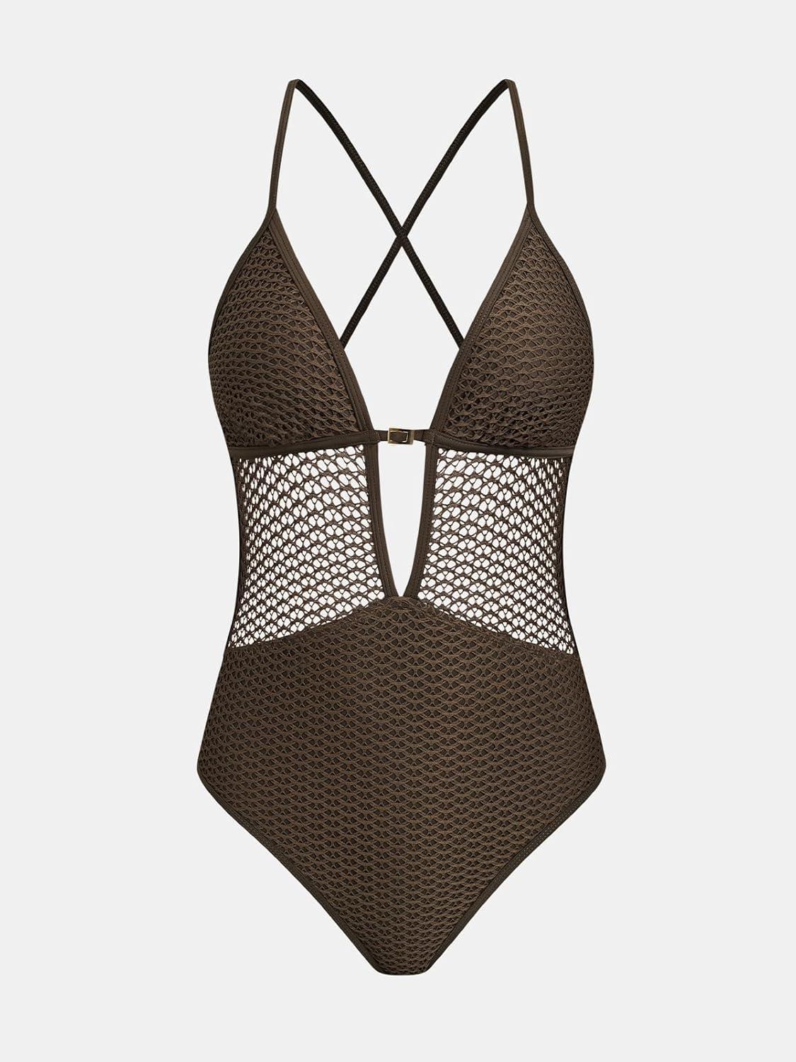 imageCUPSHE Womens One Piece Swimsuit Plunging Neck Cutouts Bathing Suit Textured Crisscross Back Self Tie SwimwearBrown