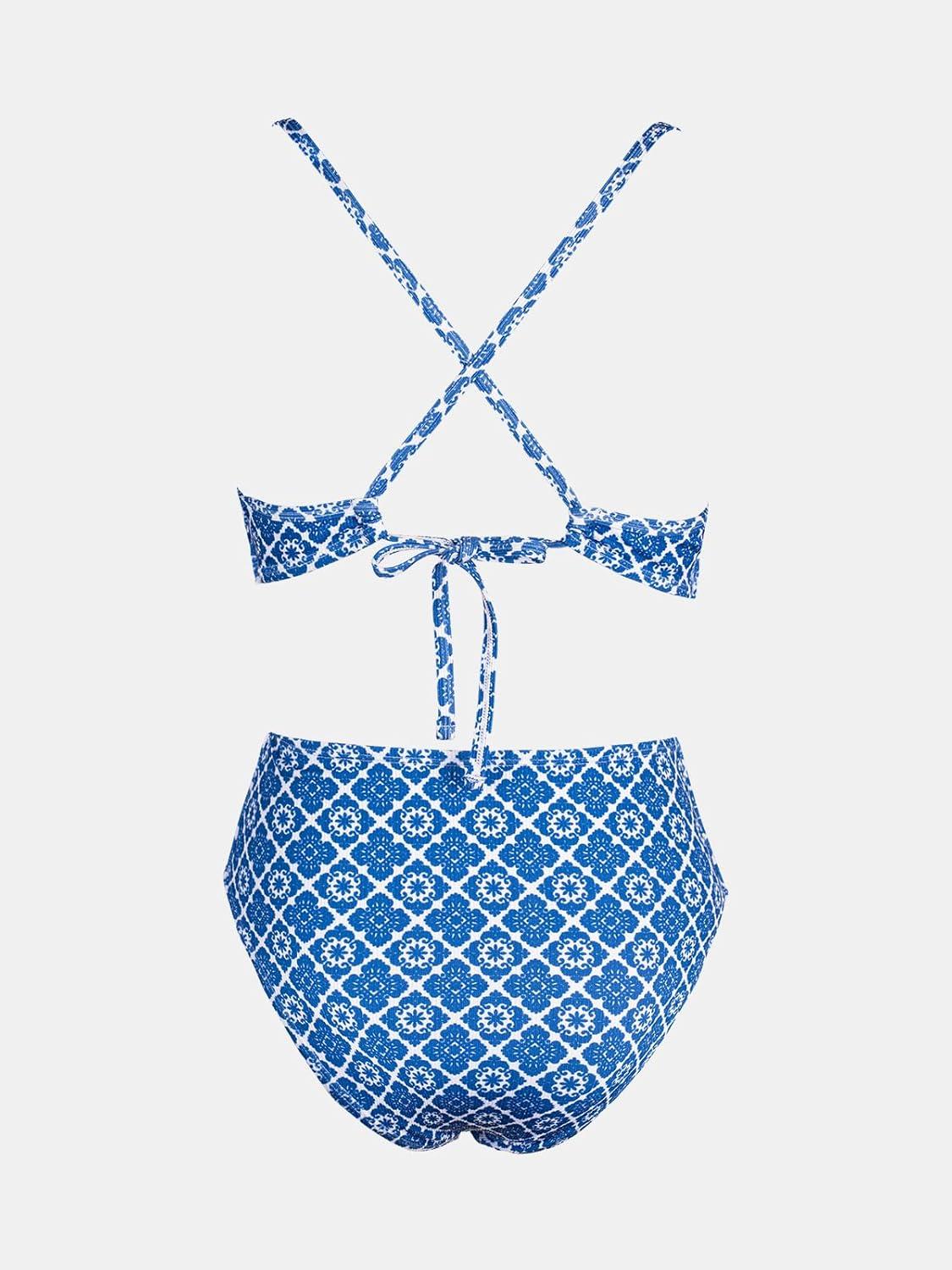 imageCUPSHE Womens One Piece Swimsuit Plunging Neck Cutouts Bathing Suit Textured Ruched Crisscross Back Self Tie SwimwearBlueWhite Geo