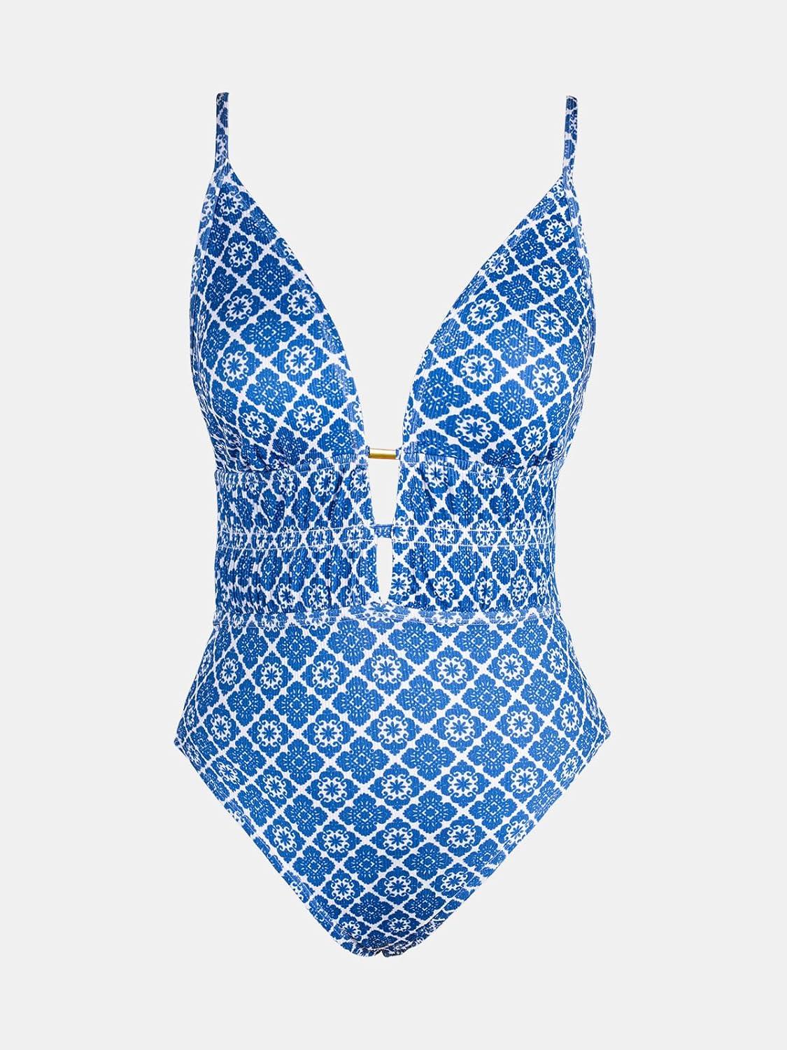 imageCUPSHE Womens One Piece Swimsuit Plunging Neck Cutouts Bathing Suit Textured Ruched Crisscross Back Self Tie SwimwearBlueWhite Geo