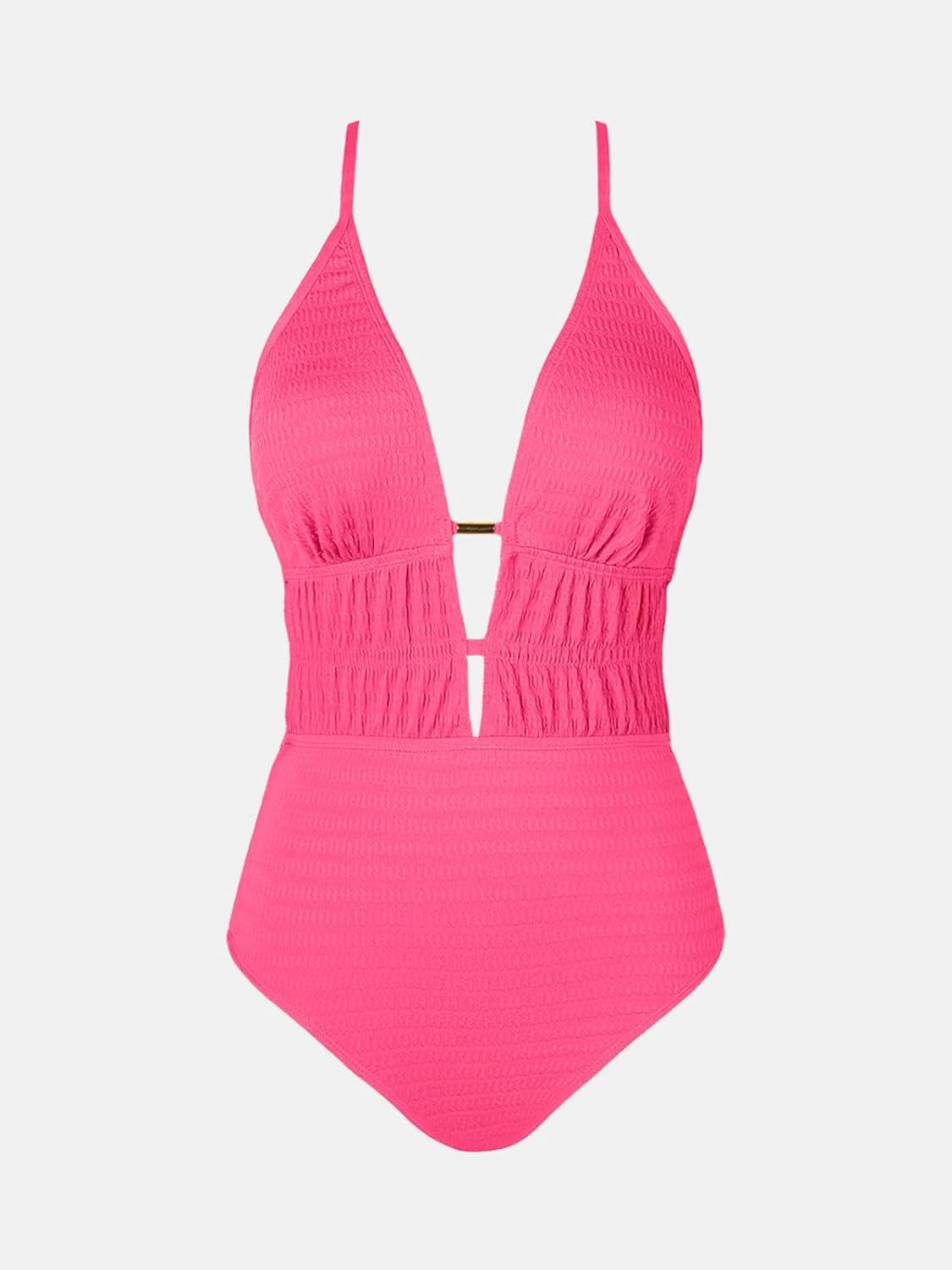 imageCUPSHE Womens One Piece Swimsuit Plunging Neck Cutouts Bathing Suit Textured Ruched Crisscross Back Self Tie SwimwearBright Pink
