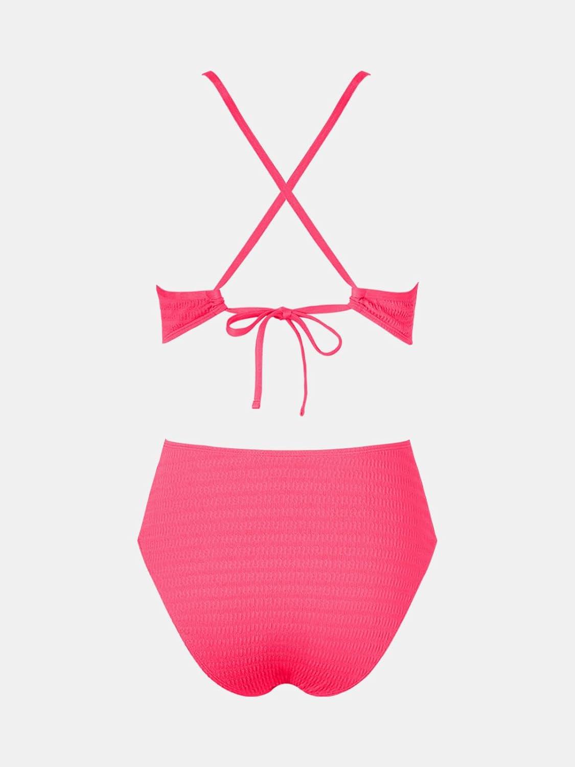 imageCUPSHE Womens One Piece Swimsuit Plunging Neck Cutouts Bathing Suit Textured Ruched Crisscross Back Self Tie SwimwearBright Pink