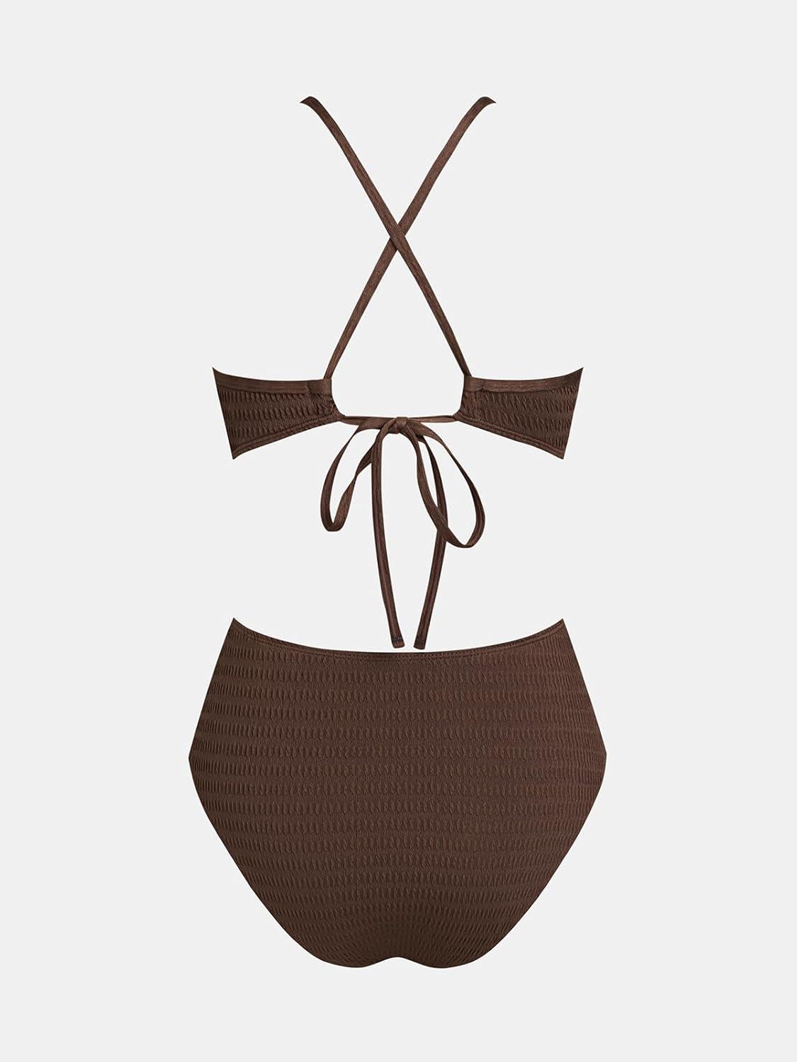 imageCUPSHE Womens One Piece Swimsuit Plunging Neck Cutouts Bathing Suit Textured Ruched Crisscross Back Self Tie SwimwearBrown