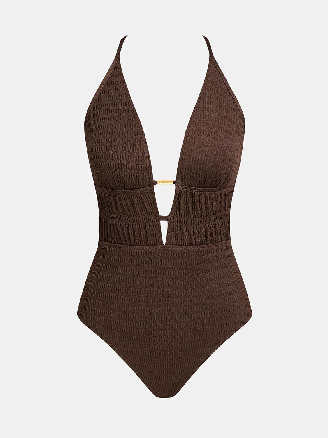 imageCUPSHE Womens One Piece Swimsuit Plunging Neck Cutouts Bathing Suit Textured Ruched Crisscross Back Self Tie SwimwearBrown