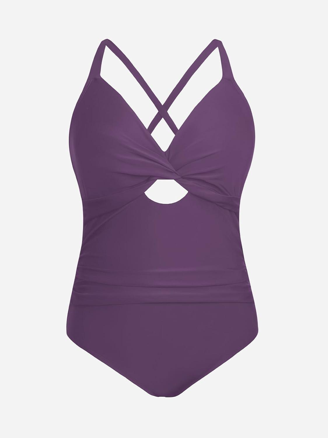 imageCUPSHE Womens One Piece Swimsuit Plus Size V Neck Bathing Suit Front Wrap Crisscross Back Tie Ruched Cutout SwimwearWine Purple
