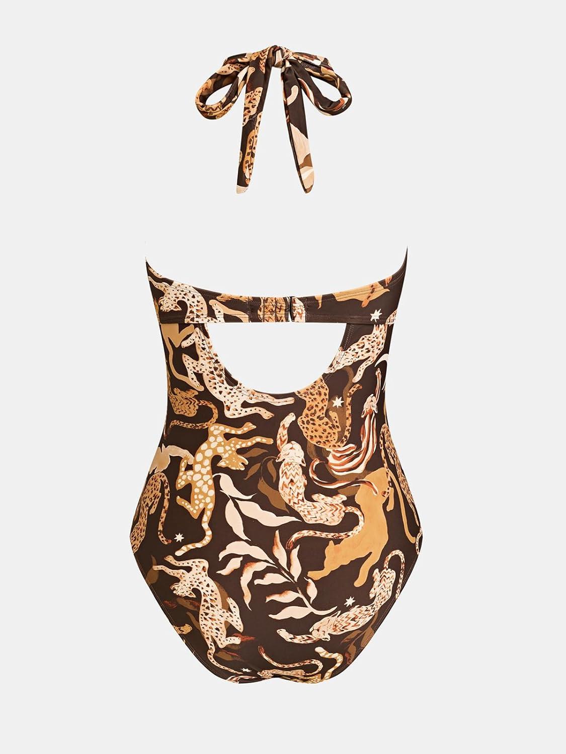 imageCUPSHE Womens One Piece Swimsuit Sexy Bathing Suit Cut Out Halter Tie High Neck Back Hook SwimwearAnimal Leopard