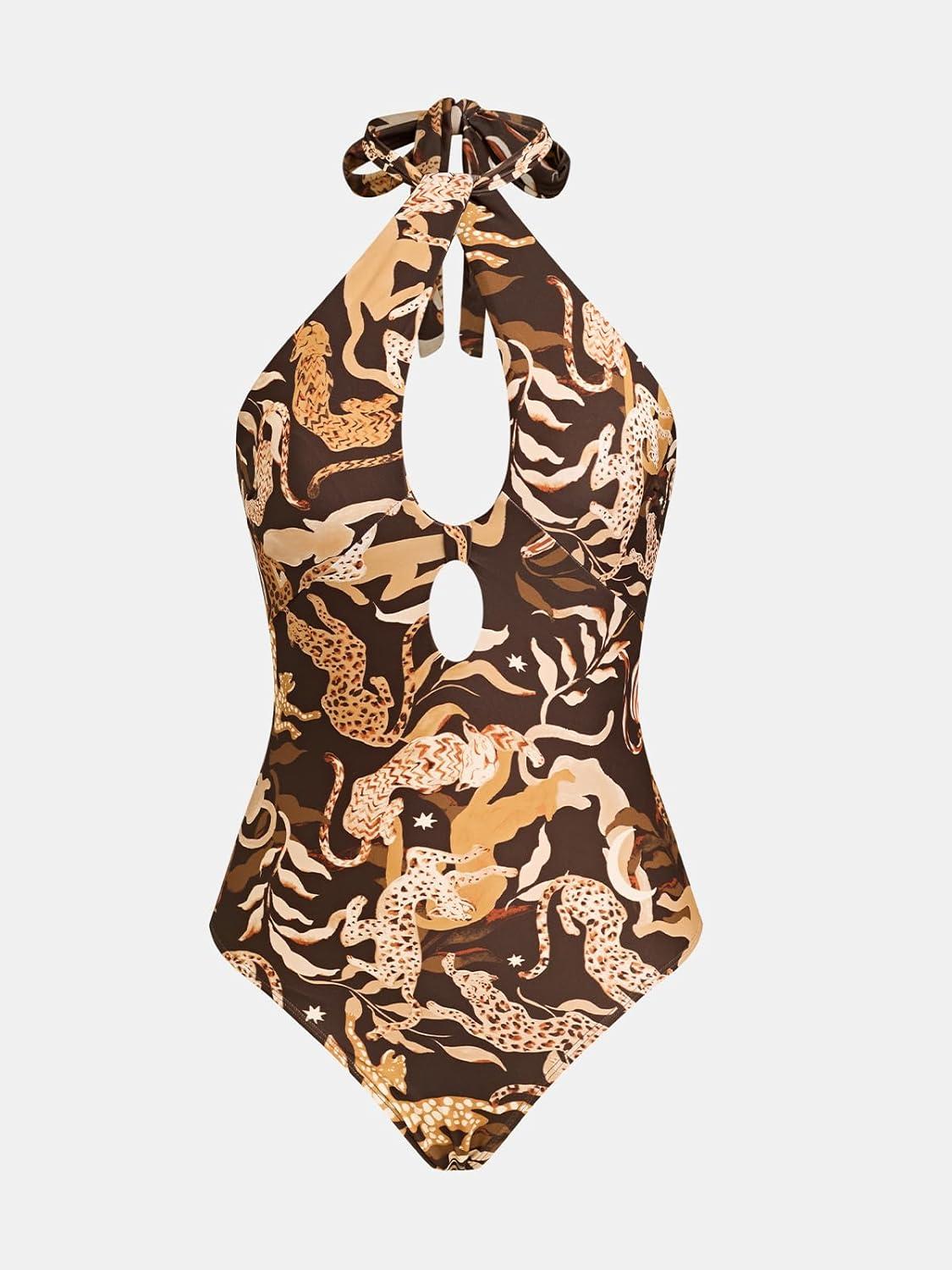 imageCUPSHE Womens One Piece Swimsuit Sexy Bathing Suit Cut Out Halter Tie High Neck Back Hook SwimwearAnimal Leopard