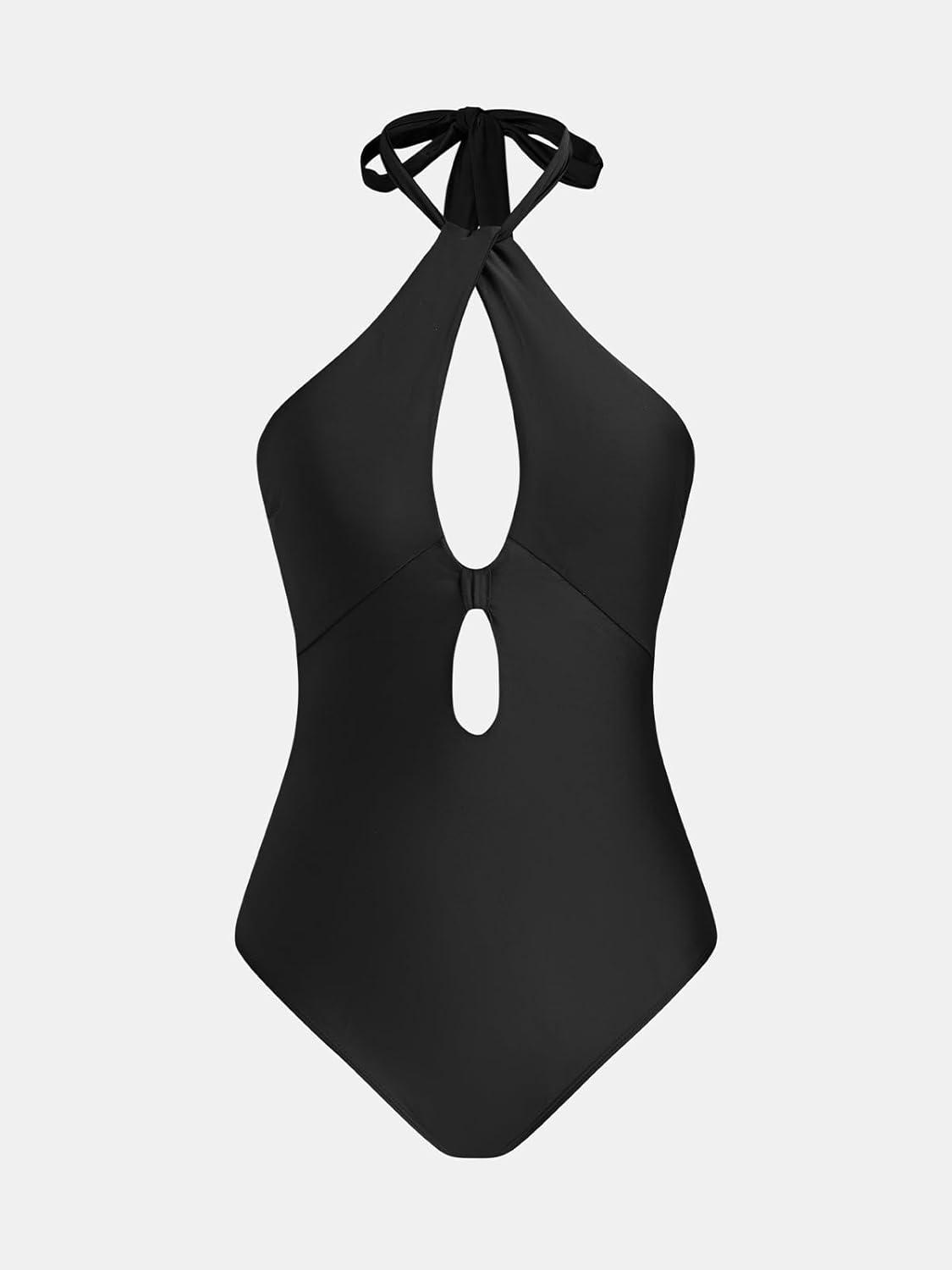 imageCUPSHE Womens One Piece Swimsuit Sexy Bathing Suit Cut Out Halter Tie High Neck Back Hook SwimwearBlack