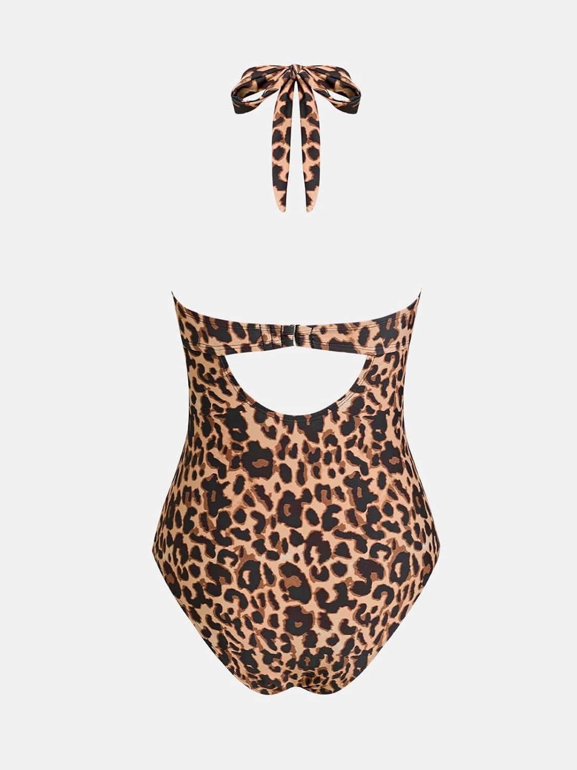 imageCUPSHE Womens One Piece Swimsuit Sexy Bathing Suit Cut Out Halter Tie High Neck Back Hook SwimwearBrown Leopard