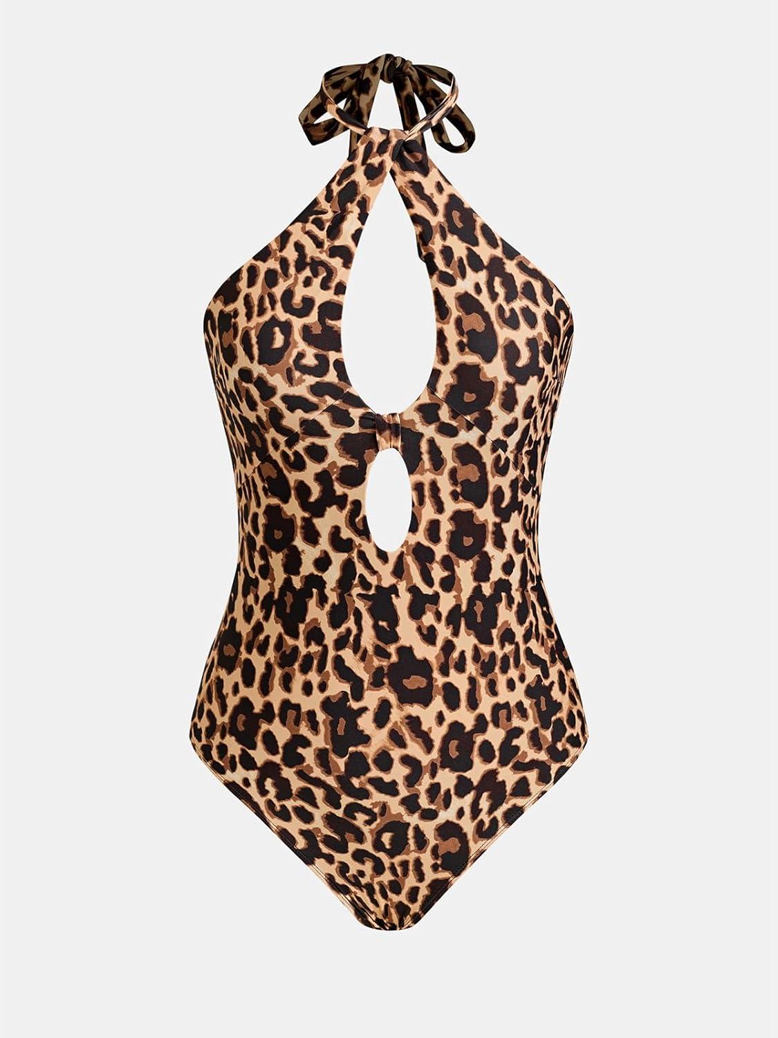 imageCUPSHE Womens One Piece Swimsuit Sexy Bathing Suit Cut Out Halter Tie High Neck Back Hook SwimwearBrown Leopard