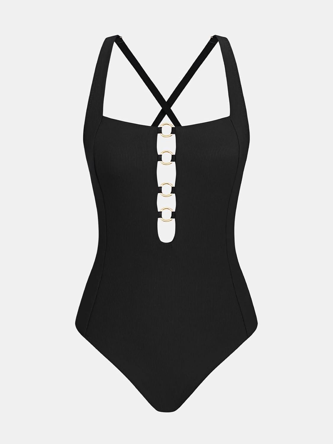 imageCUPSHE Womens One Piece Swimsuit Square Neck Cutouts Bathing Suit Ribbed Texture Crisscross Back Self Tie SwimwearBlack