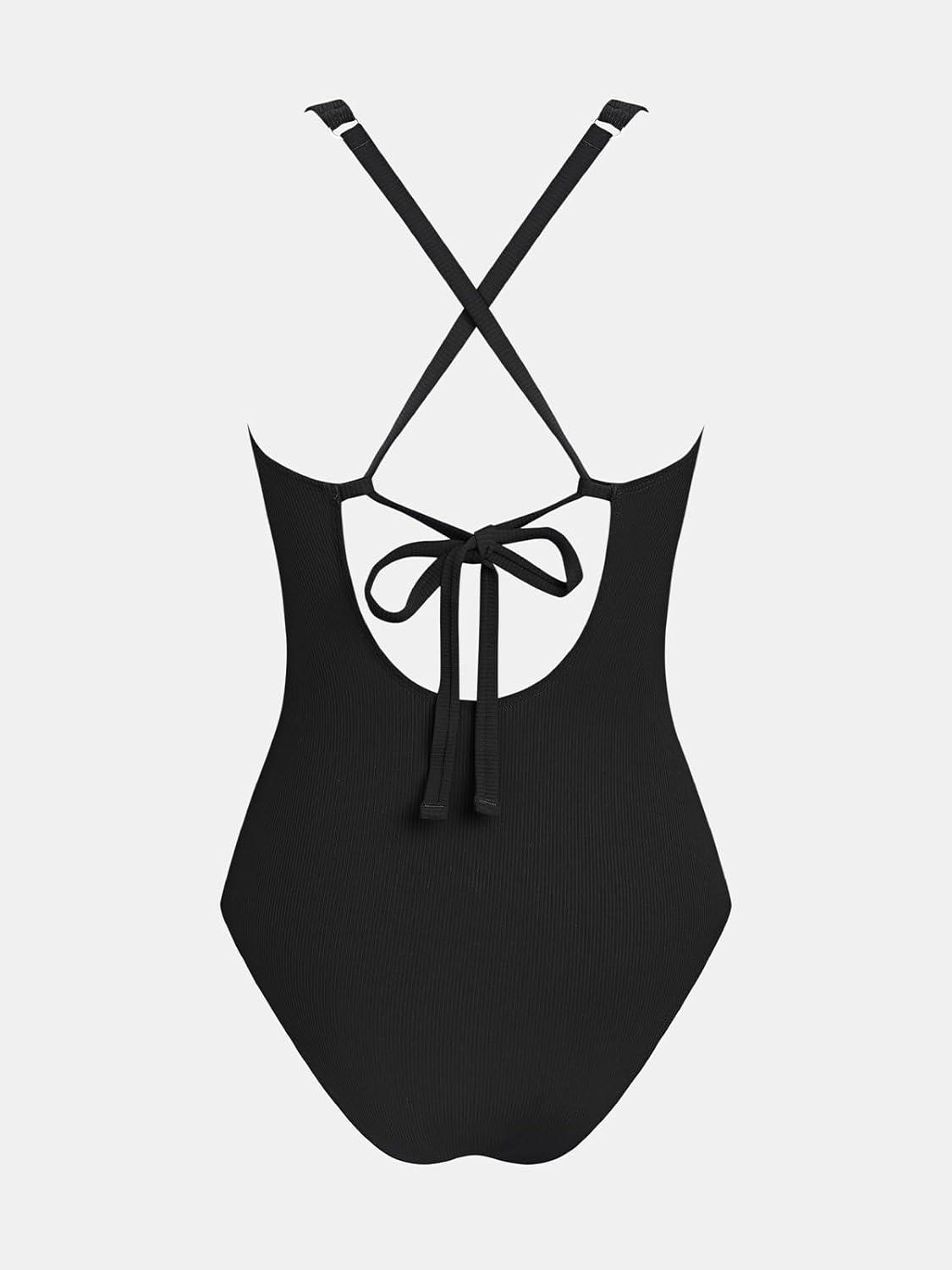 imageCUPSHE Womens One Piece Swimsuit Square Neck Cutouts Bathing Suit Ribbed Texture Crisscross Back Self Tie SwimwearBlack
