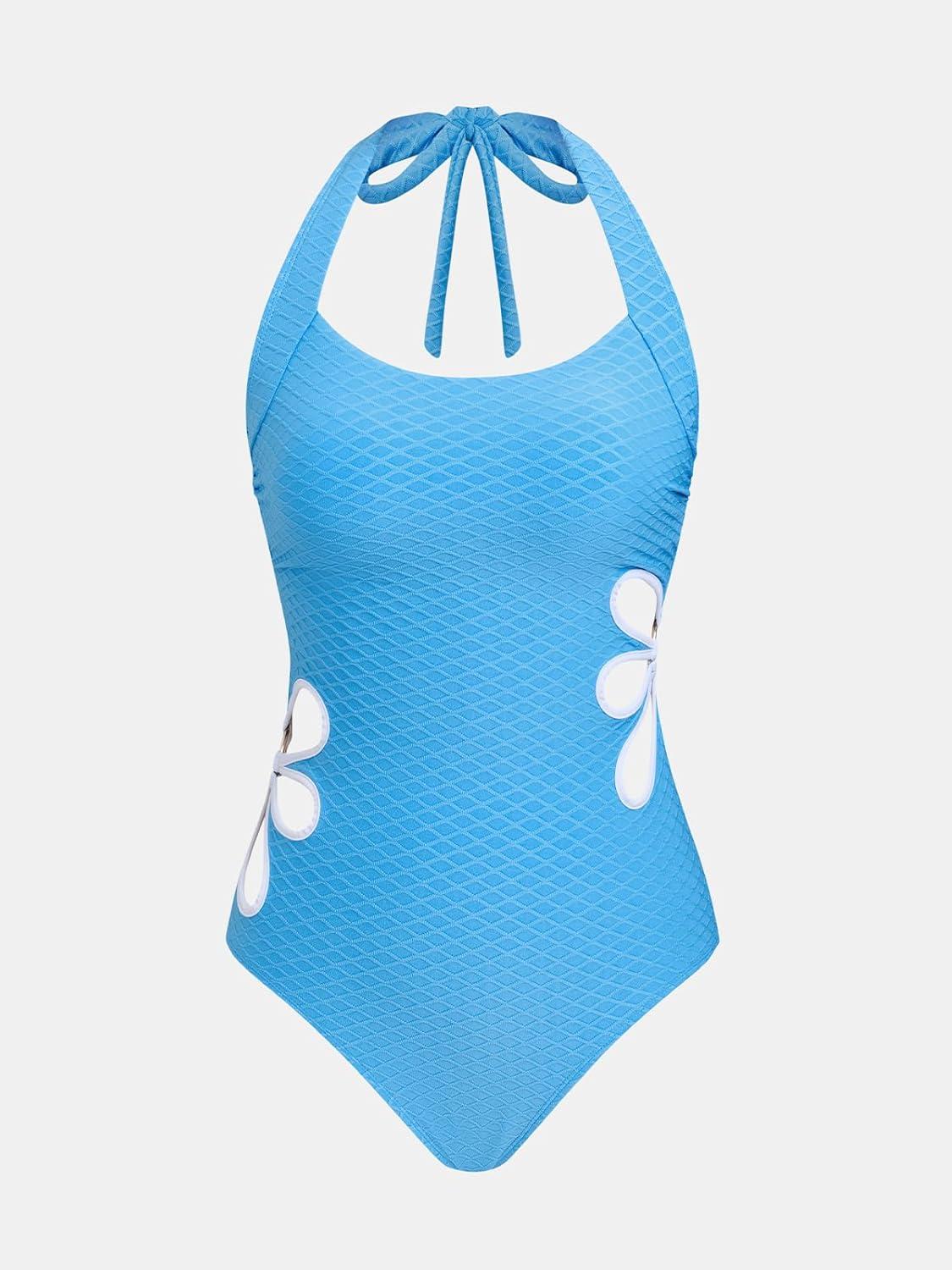 imageCUPSHE Womens One Piece Swimsuit Square Neck Halter Self Tie Bathing Suit Cutouts Jacquard Swimwear TwistedSky Blue