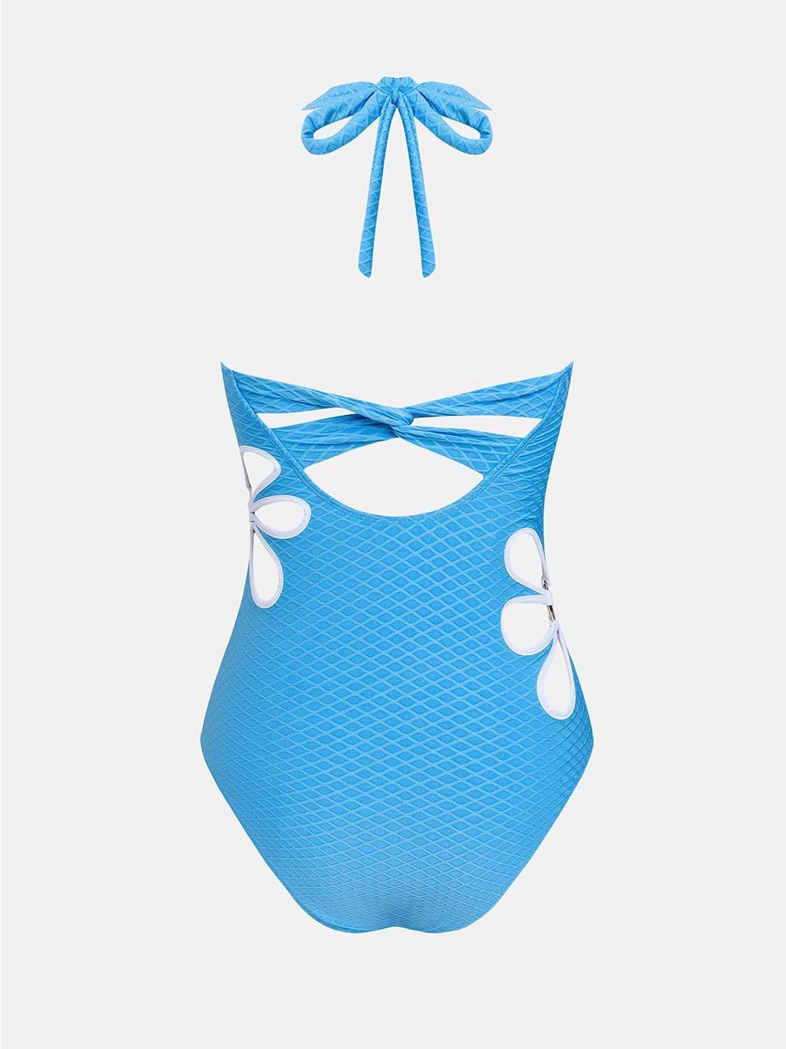 imageCUPSHE Womens One Piece Swimsuit Square Neck Halter Self Tie Bathing Suit Cutouts Jacquard Swimwear TwistedSky Blue
