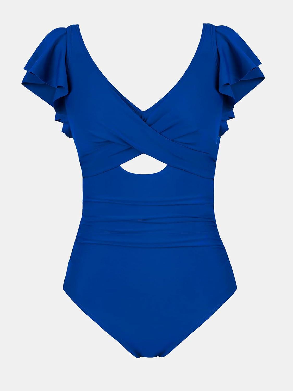 imageCUPSHE Womens One Piece Swimsuit Tummy Control Bathing Suit V Neck Ruffled Wrap Ruched Cutout Back Hook Available in PlusRoyal Blue