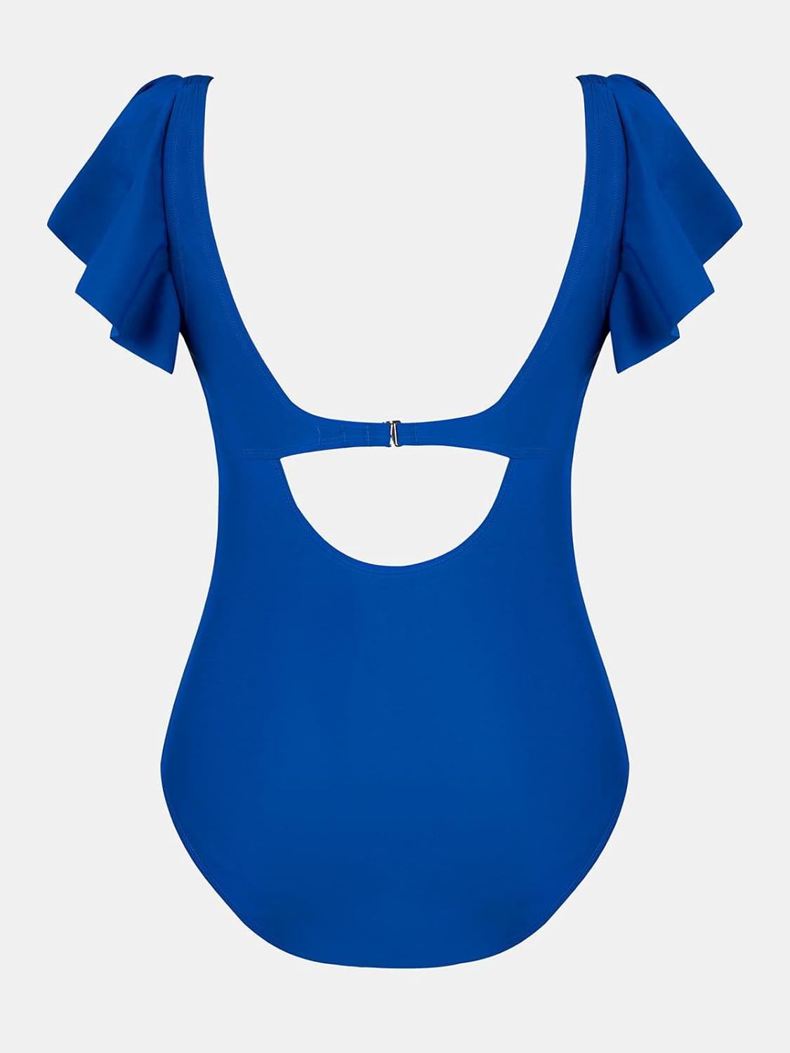 imageCUPSHE Womens One Piece Swimsuit Tummy Control Bathing Suit V Neck Ruffled Wrap Ruched Cutout Back Hook Available in PlusRoyal Blue