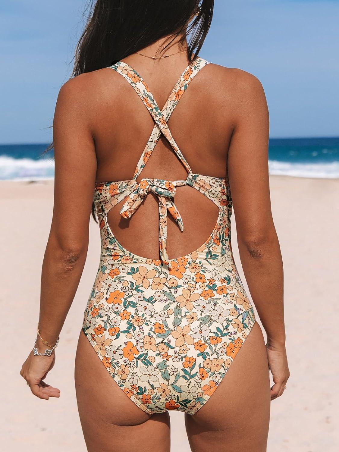 imageCUPSHE Womens One Piece Swimsuit Tummy Control Deep V Neck Double Straps Crisscross Back Tie Bathing SuitBeigeFloral