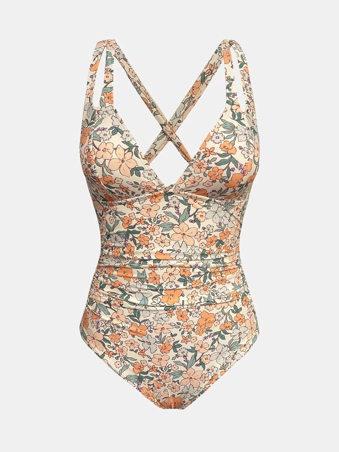 imageCUPSHE Womens One Piece Swimsuit Tummy Control Deep V Neck Double Straps Crisscross Back Tie Bathing SuitBeigeFloral
