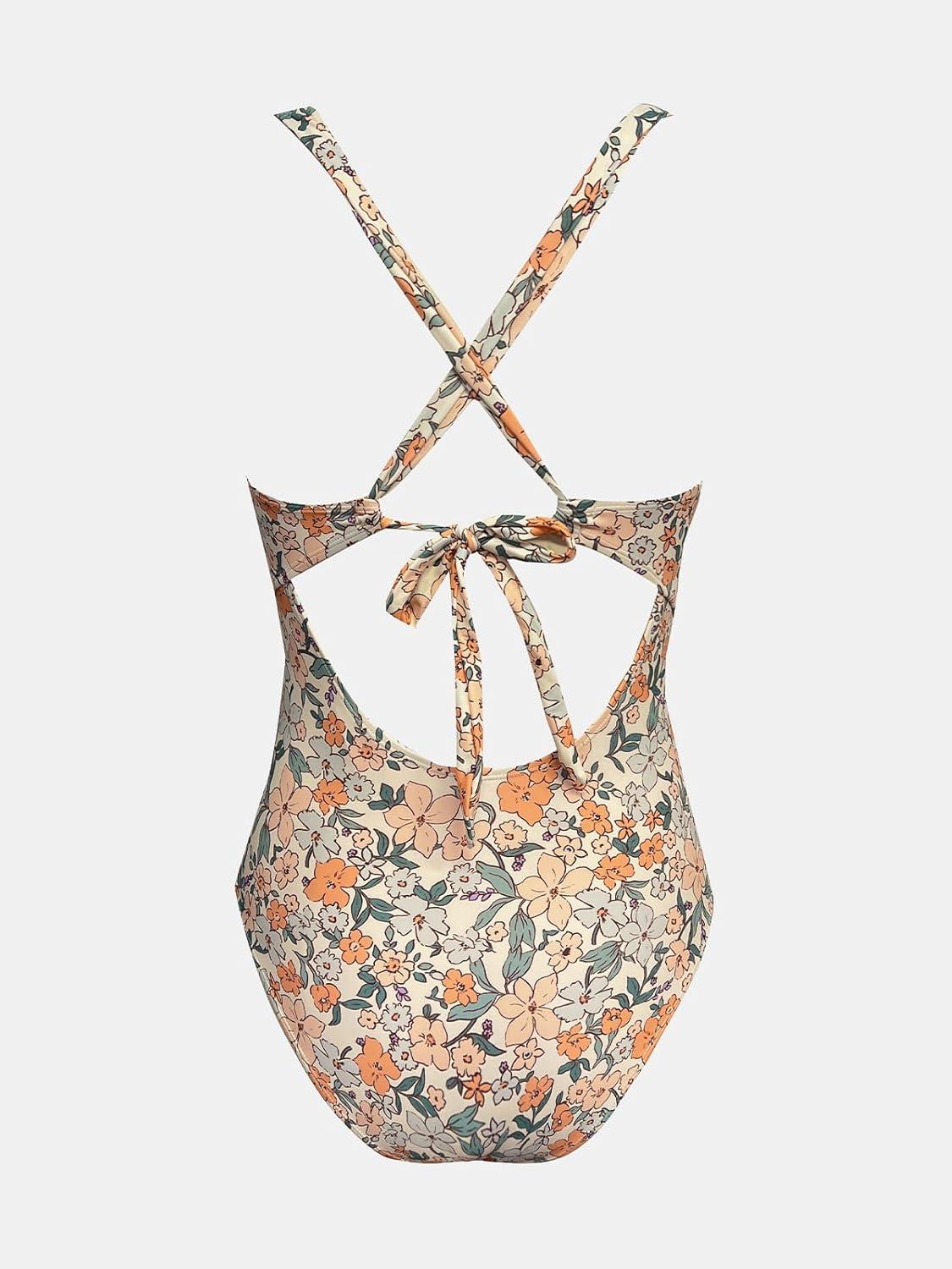 imageCUPSHE Womens One Piece Swimsuit Tummy Control Deep V Neck Double Straps Crisscross Back Tie Bathing SuitBeigeFloral