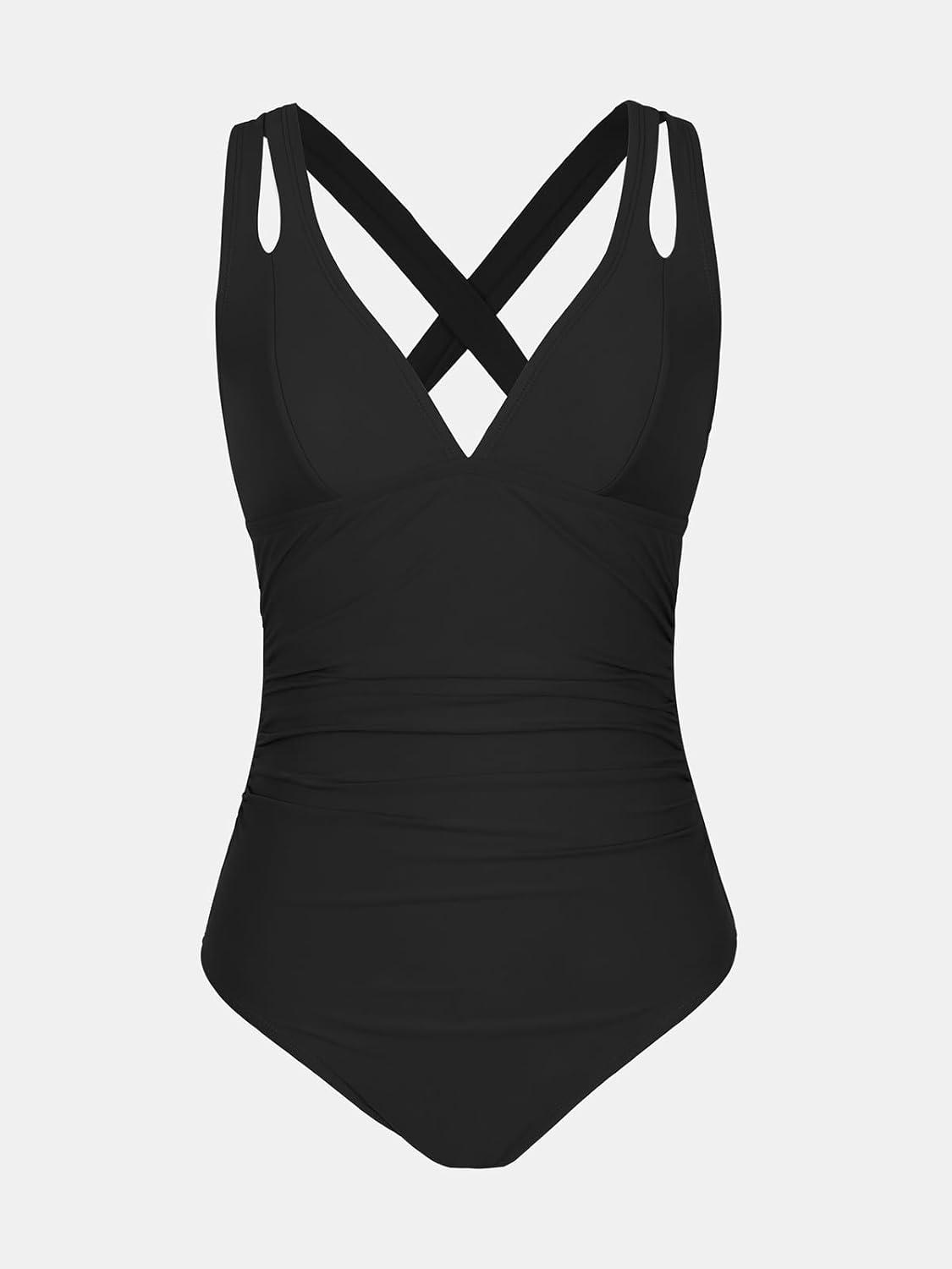 imageCUPSHE Womens One Piece Swimsuit Tummy Control Deep V Neck Double Straps Crisscross Back Tie Bathing SuitBlack