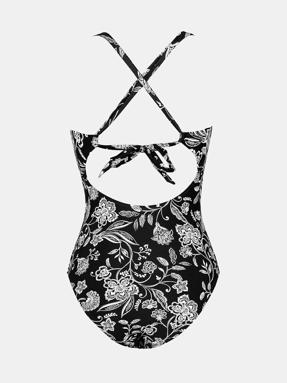 imageCUPSHE Womens One Piece Swimsuit Tummy Control Deep V Neck Double Straps Crisscross Back Tie Bathing SuitBlackFloral