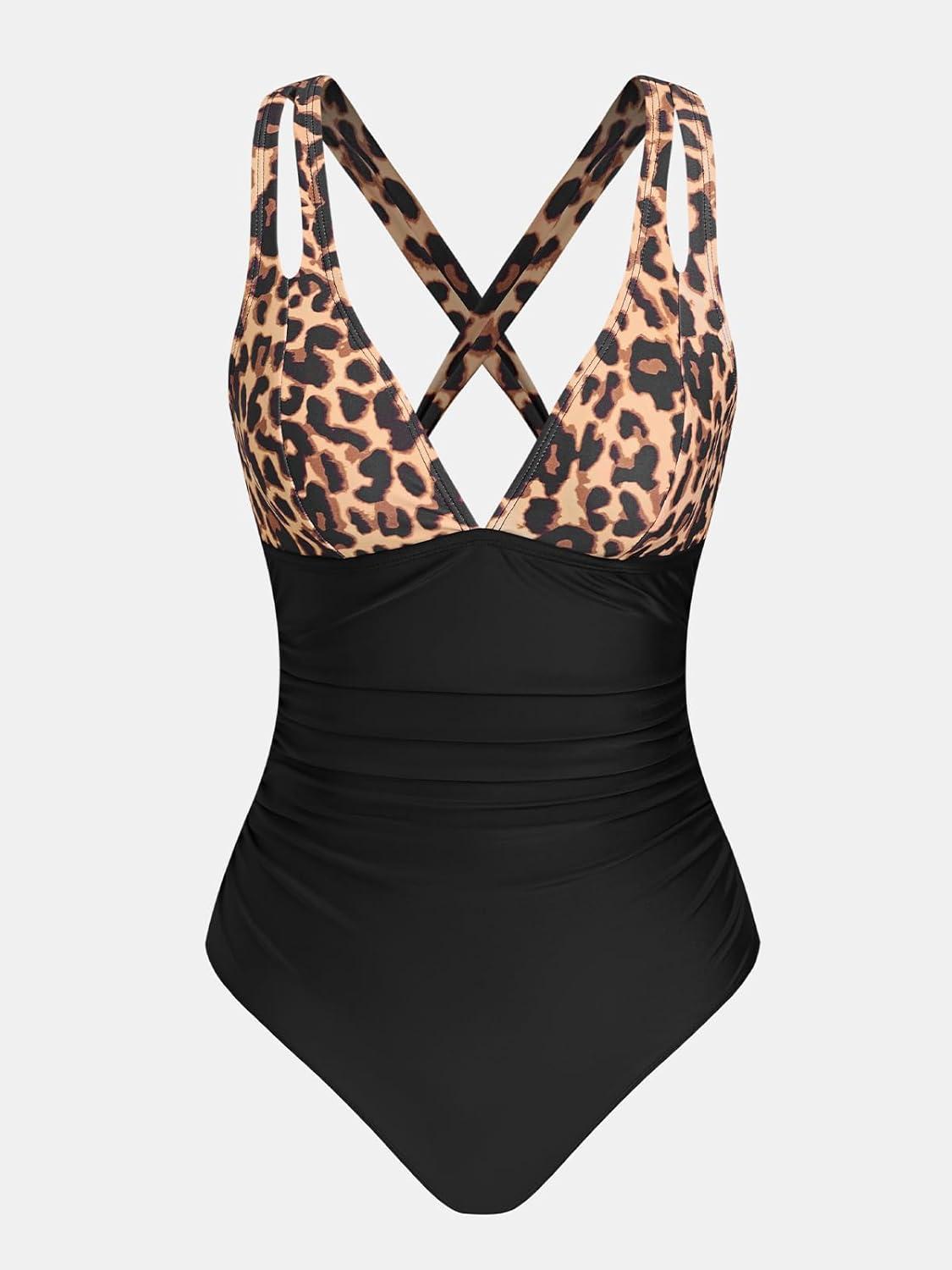 imageCUPSHE Womens One Piece Swimsuit Tummy Control Deep V Neck Double Straps Crisscross Back Tie Bathing SuitBlackLeopard