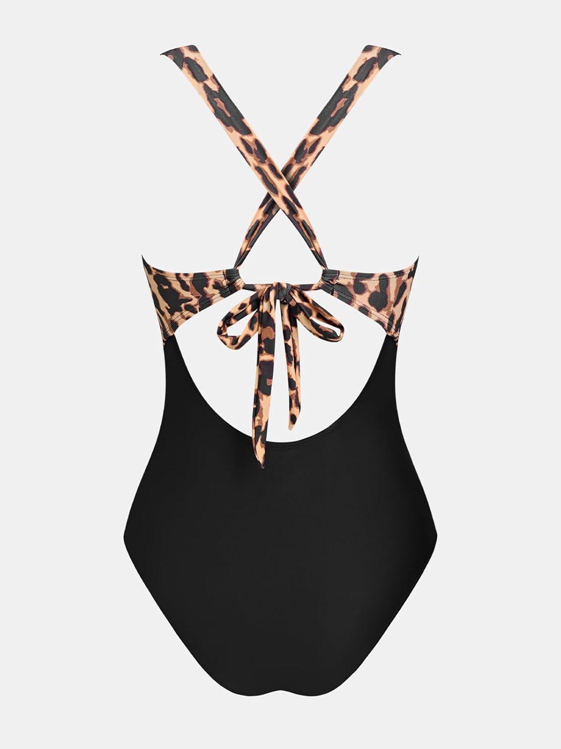 imageCUPSHE Womens One Piece Swimsuit Tummy Control Deep V Neck Double Straps Crisscross Back Tie Bathing SuitBlackLeopard